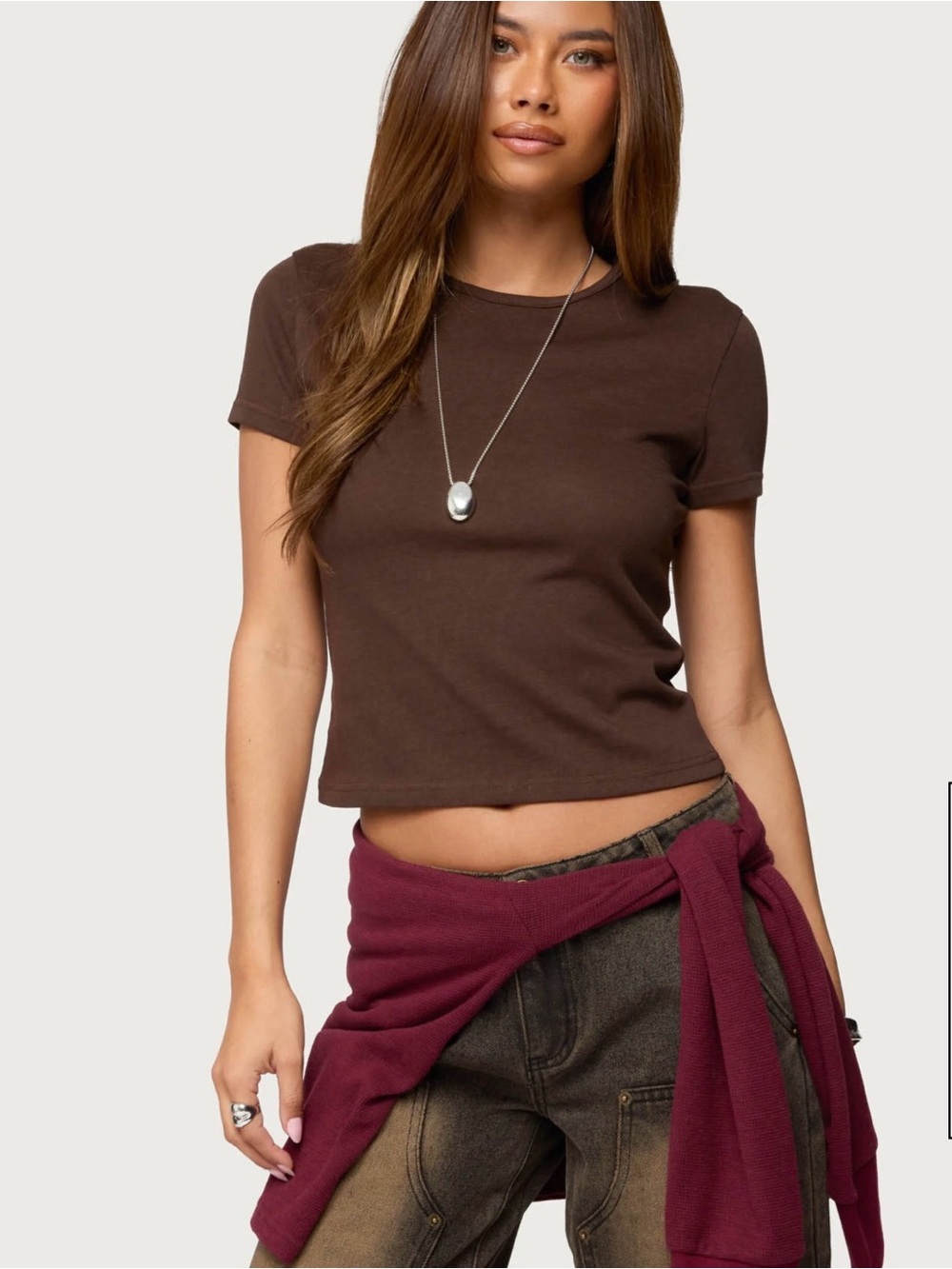 Edikted Nikkey semi sheer t-shirt in brown small